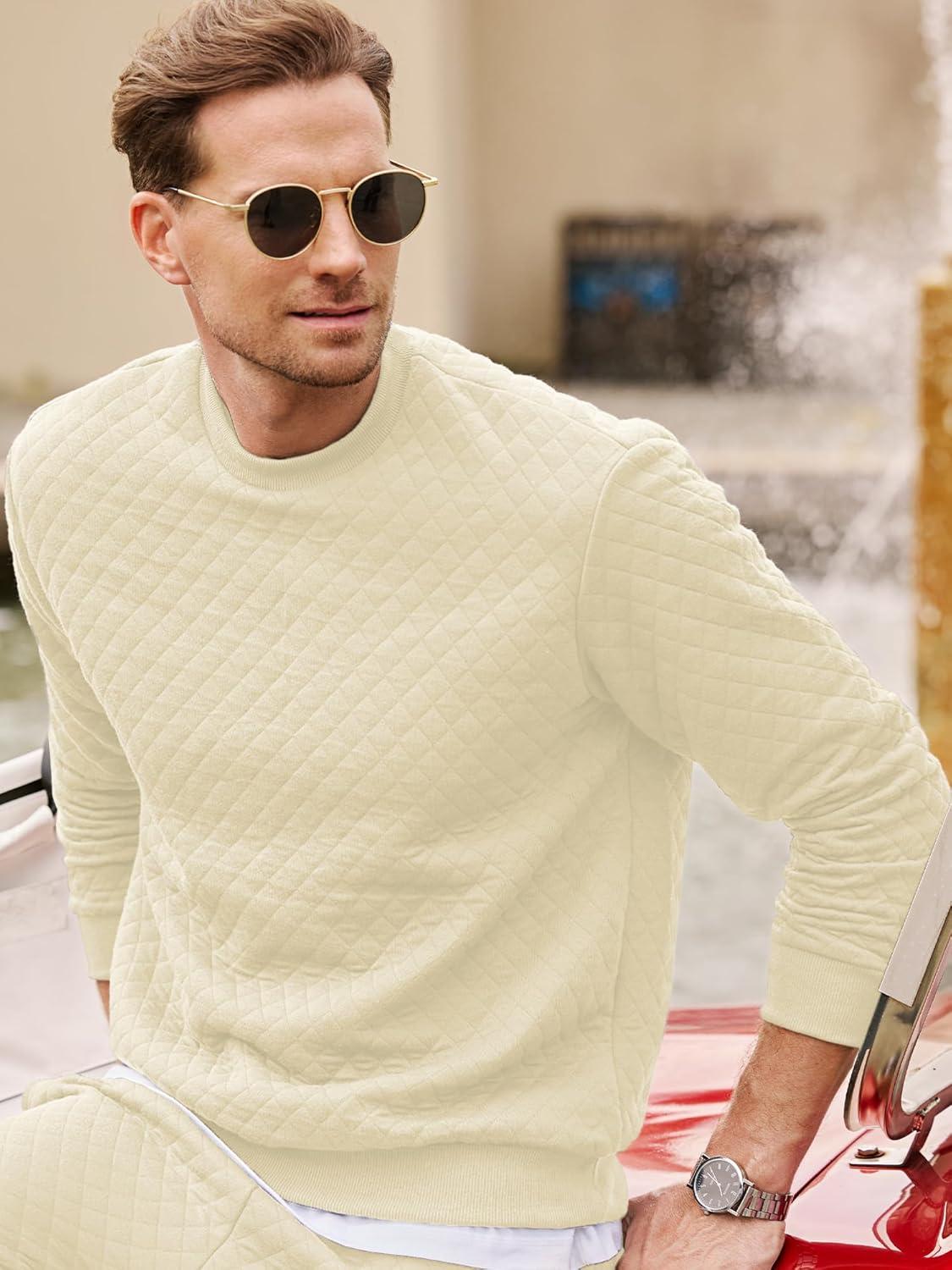 imageJMIERR Mens Quilted 2 Piece Casual Outfits Crewneck Sweatshirt Tracksuit ampamp Joggers Sweatpants Sweatsuit SetApricot