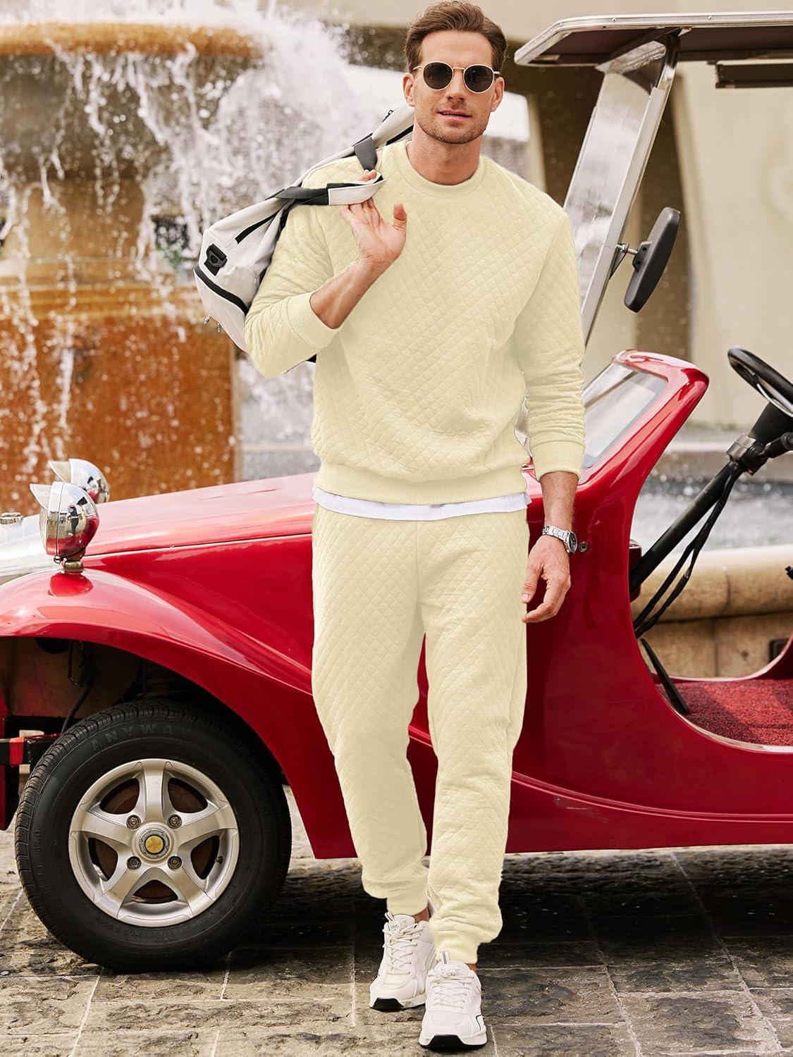 imageJMIERR Mens Quilted 2 Piece Casual Outfits Crewneck Sweatshirt Tracksuit ampamp Joggers Sweatpants Sweatsuit SetApricot