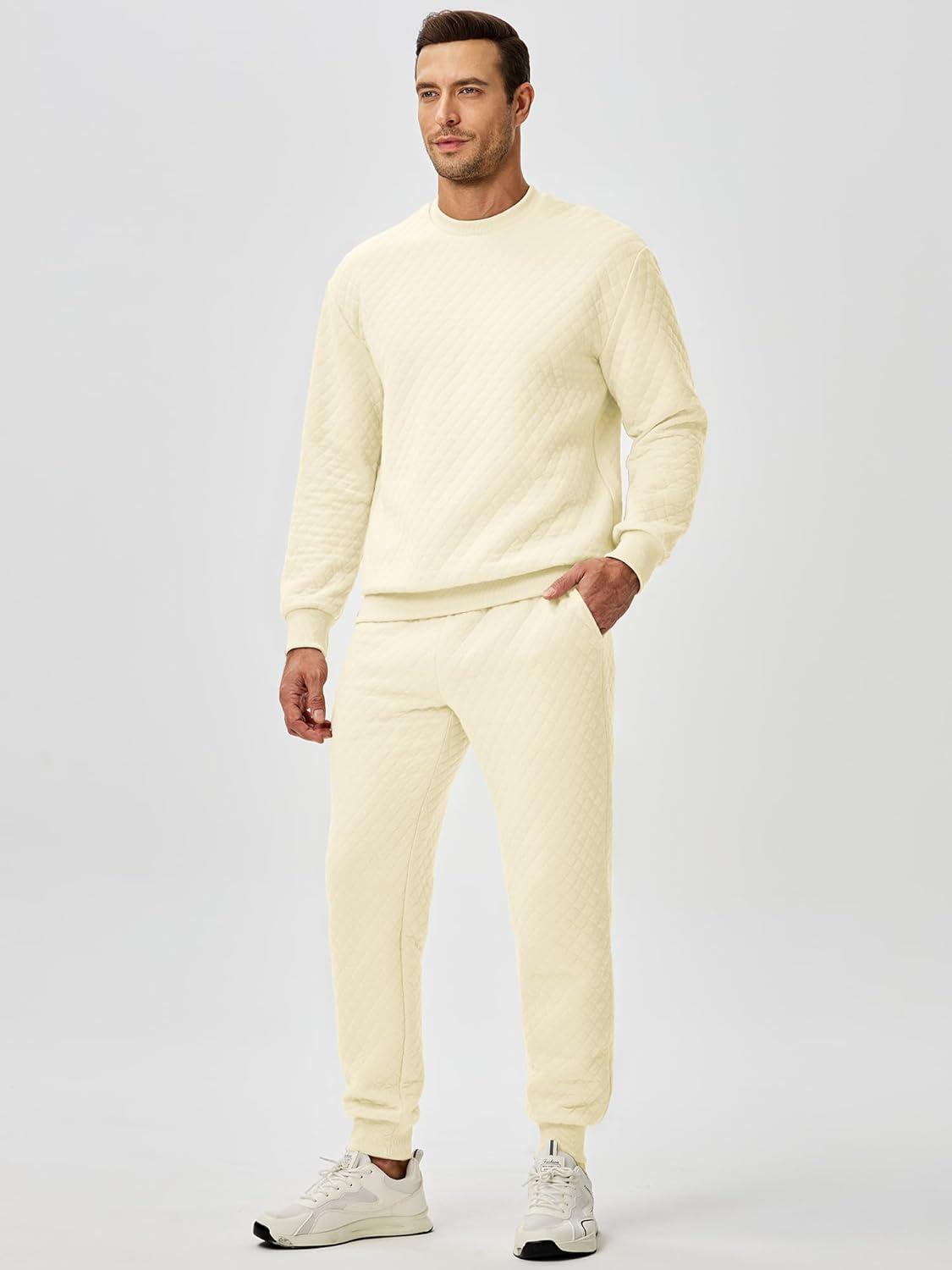 imageJMIERR Mens Quilted 2 Piece Casual Outfits Crewneck Sweatshirt Tracksuit ampamp Joggers Sweatpants Sweatsuit SetApricot