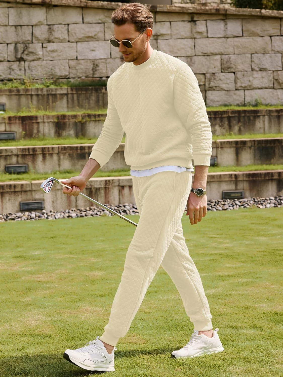 imageJMIERR Mens Quilted 2 Piece Casual Outfits Crewneck Sweatshirt Tracksuit ampamp Joggers Sweatpants Sweatsuit SetApricot