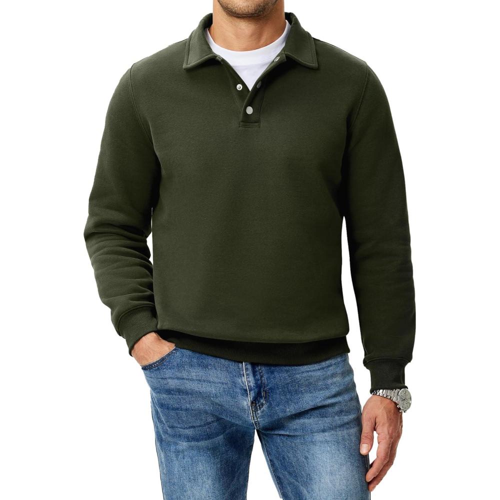 imageJMIERR Mens Casual Cotton Polo Sweatshirts Long Sleeve Button Collared Pullover ShirtsGreen