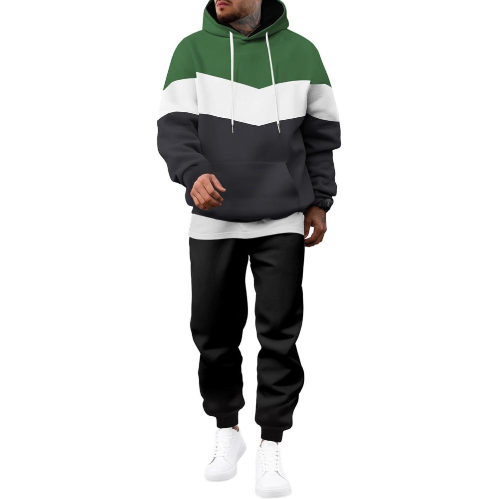 imageJMIERR Mens Hoodie Tracksuit 2 Pieces Set Novelty Color Block Pullover Fleece Hoodies Long Sleeve Casual SweatshirtDark Green