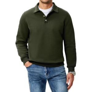 JMIERR Mens Casual Cotton Polo Sweatshirts Long Sleeve Button Collared Pullover Shirts(Green)