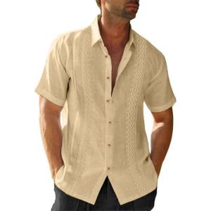 JMIERR Mens Cotton Linen Guayabera Shirts Casual Button Up Short Sleeve Summer Beach Shirt(Apricot)