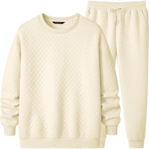 JMIERR Men’s Quilted 2 Piece Casual Outfits Crewneck Sweatshirt Tracksuit & Joggers Sweatpants Sweatsuit Set(Apricot)