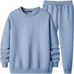 JMIERR Men’s Quilted 2 Piece Casual Outfits Crewneck Sweatshirt Tracksuit & Joggers Sweatpants Sweatsuit Set(Beau Blue)