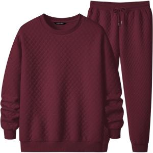 JMIERR Men’s Quilted 2 Piece Casual Outfits Crewneck Sweatshirt Tracksuit & Joggers Sweatpants Sweatsuit Set(Burgundy)